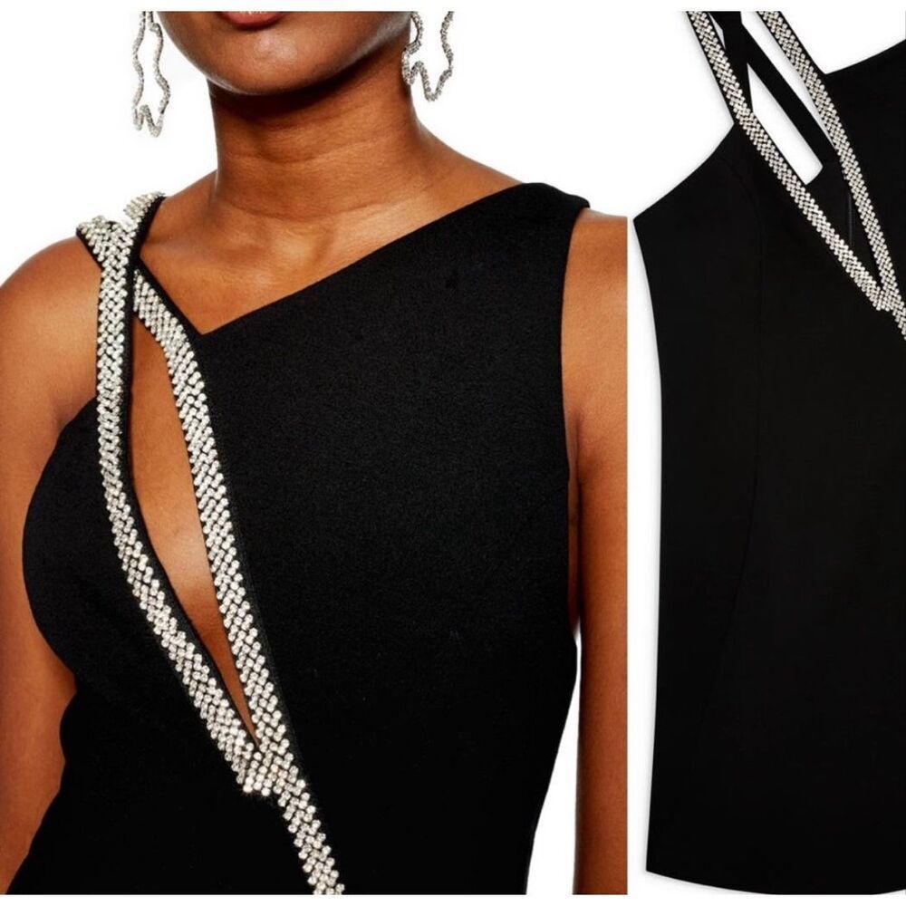 Topshop Black Diamanté Bodycon Dress Size 4 Asymmetrical Cutout NWT - Picture 2 of 11